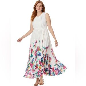 Jessica London Women's Pleated White & Floral Maxi Dress Plus Size 16W NWOT